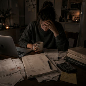 Late-night budgeting and paperwork at a kitchen table beside therapy books and clinical work materials, reflecting the financial and emotional realities many therapists face early in their careers.
