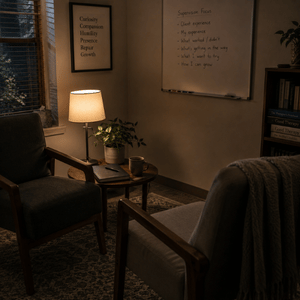 Quiet supervision office with two chairs, reflection prompts, and warm lighting, creating a calm space for honest conversations, clinical growth, and repair.