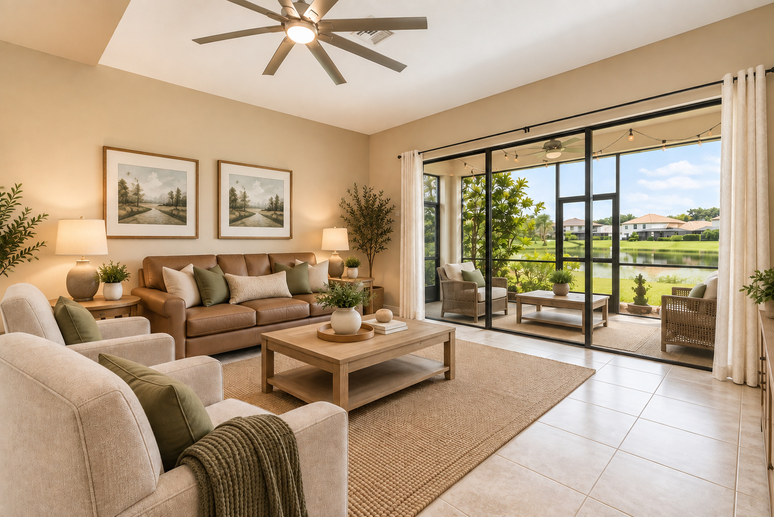 Living room opening to the screened lanai and lake view at 10852 Essex Square Blvd, Fort Myers (virtually staged)