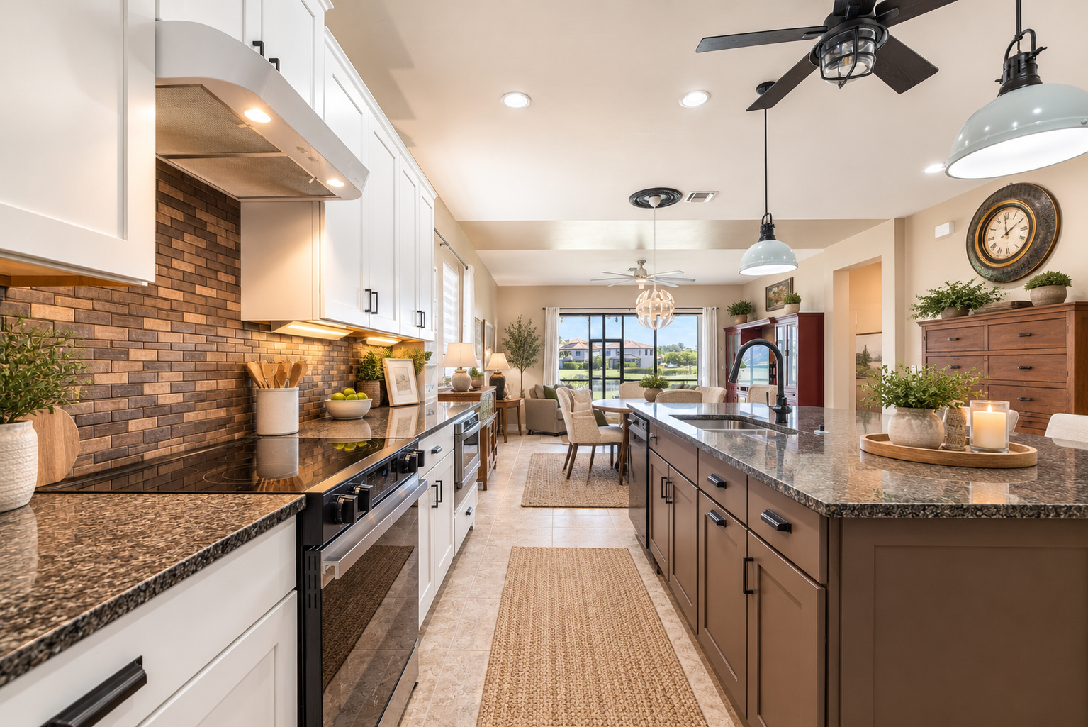 Kitchen with custom cabinets and coffee station at 10852 Essex Square Blvd in Hampton Park at Gateway, Fort Myers (virtually staged)