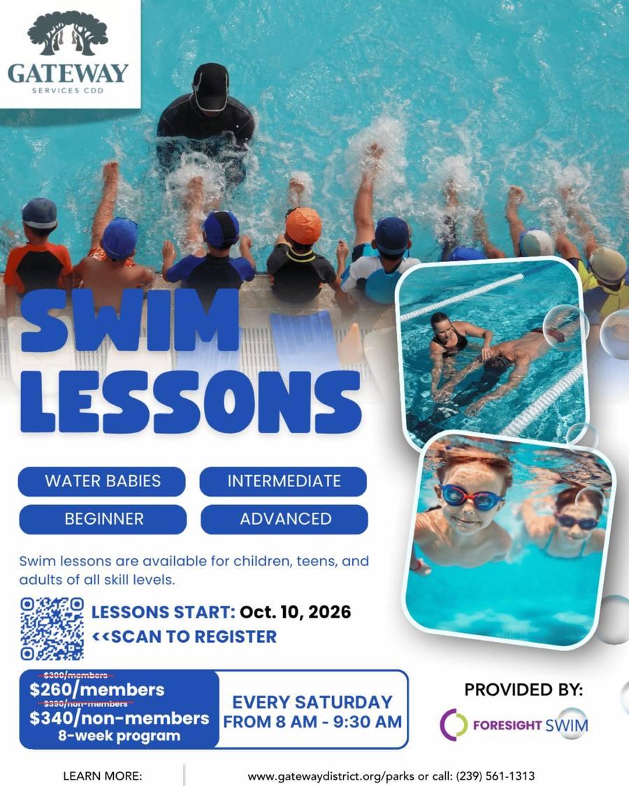 Gateway Services CDD flyer for swim lessons at the Gateway Commons Pool in Fort Myers, starting October 10, 2026, Saturdays 8 to 9:30 AM, taught by Foresight Swim