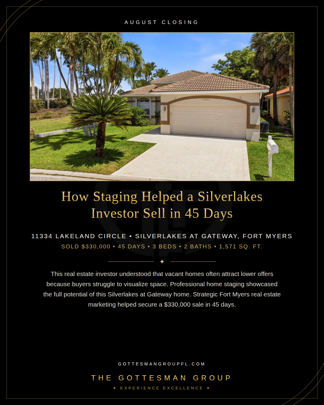 11334 Lakeland Circle in Silverlakes at Gateway, Fort Myers. Professional staging helped this investor-owned vacant home sell for $330,000 in 45 days.
