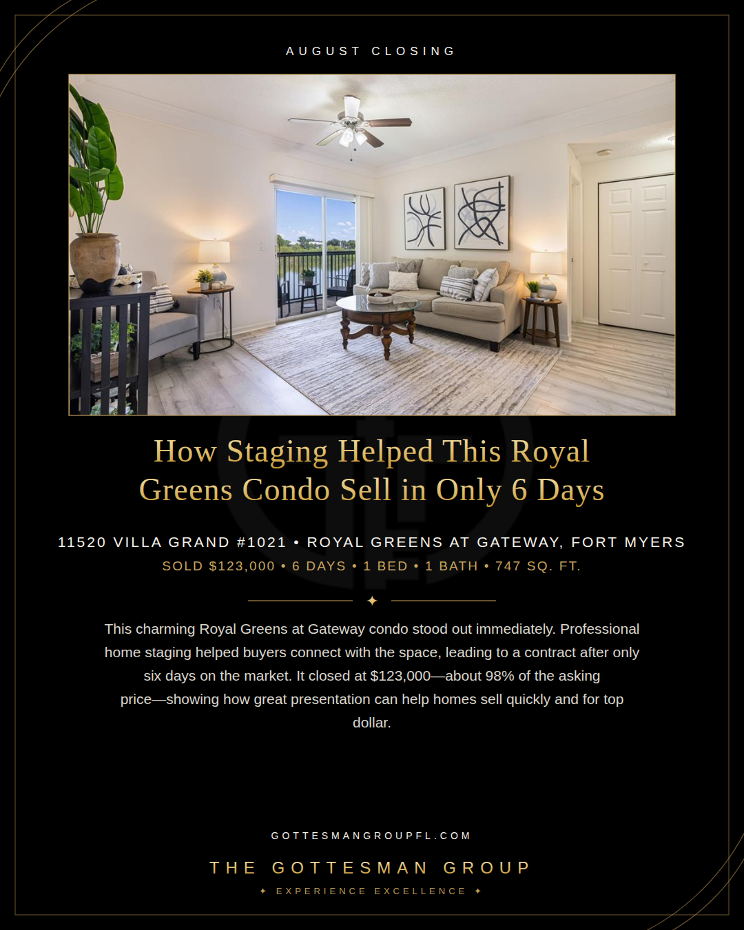 11520 Villa Grand #1021 in Royal Greens at Gateway, Fort Myers. The professionally staged one-bedroom condo sold for $123,000 after only six days on the market.