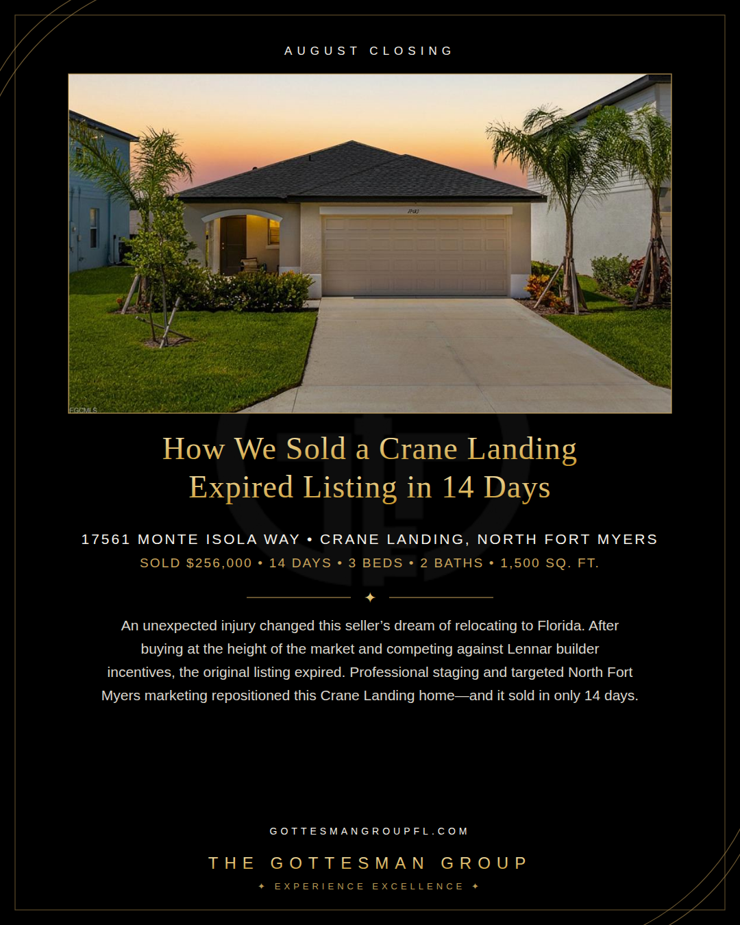 17561 Monte Isola Way in Crane Landing, North Fort Myers. Professional staging and marketing helped this expired Lennar-community listing sell for $256,000 in 14 days.