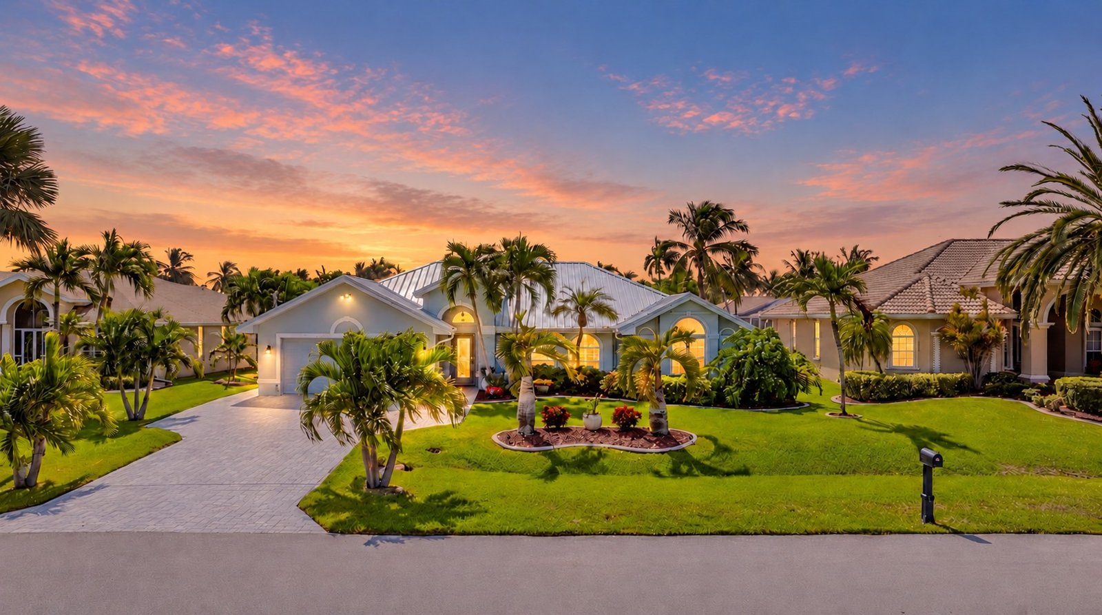 Front exterior of 2828 SW 36th St, Cape Coral FL, a single story pool home with a metal roof and paver driveway Front exterior of 2828 SW 36th St, Cape Coral FL, a single story pool home with a metal roof and paver driveway