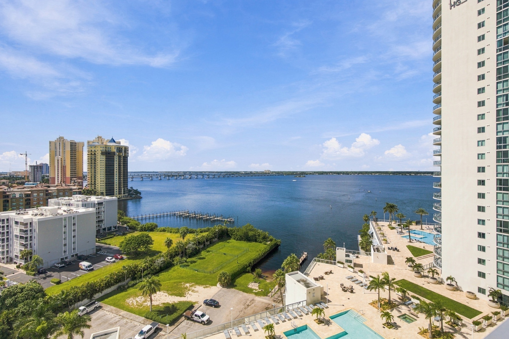 14th floor view up the Caloosahatchee River from Oasis Grand #1401 in downtown Fort Myers FL
