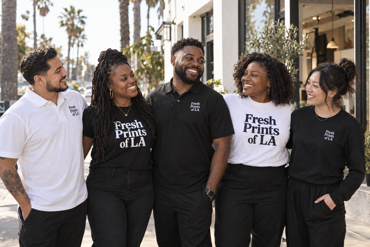 Illustrative diverse business team in branded apparel