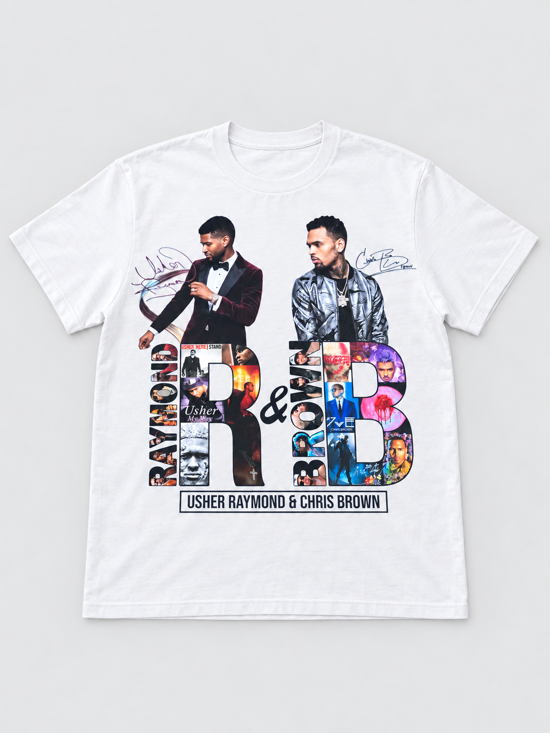 R&B portrait collage — finished-shirt product mockup