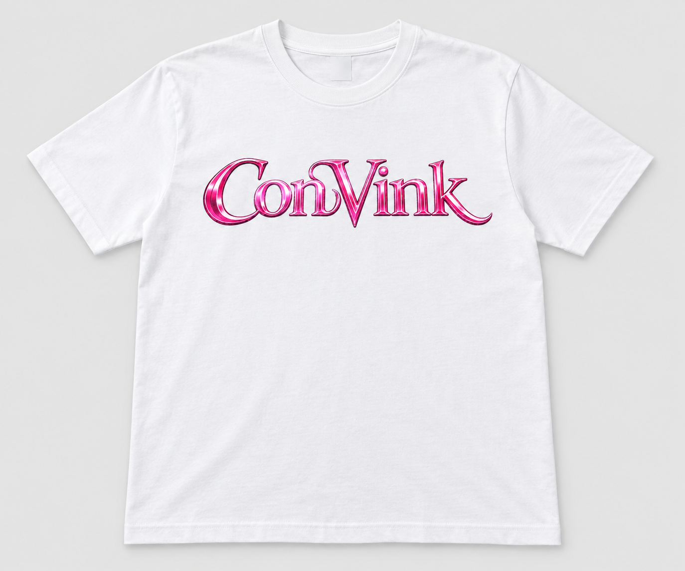 Pink wordmark — finished-shirt product mockup