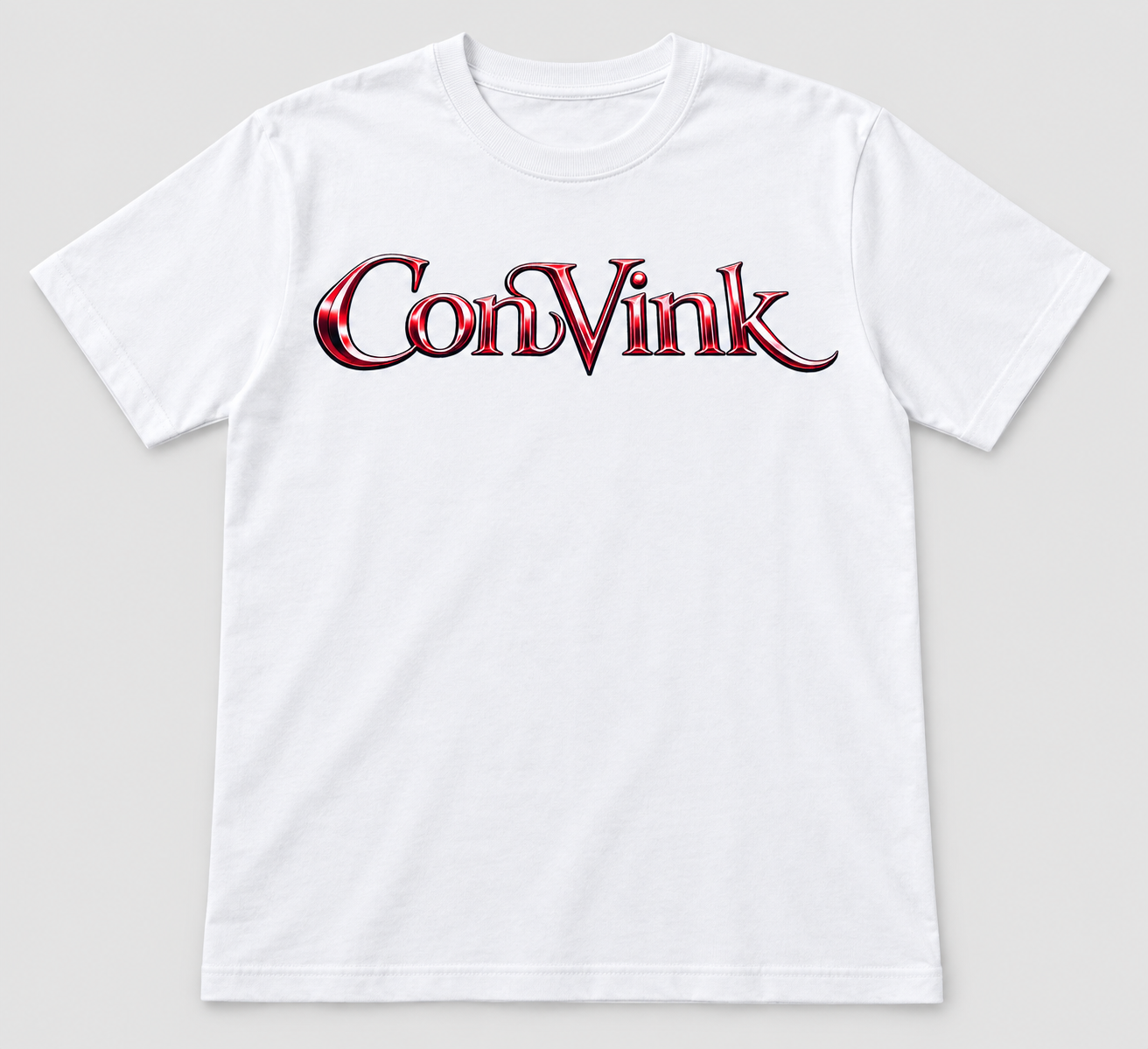 Red wordmark — finished-shirt product mockup