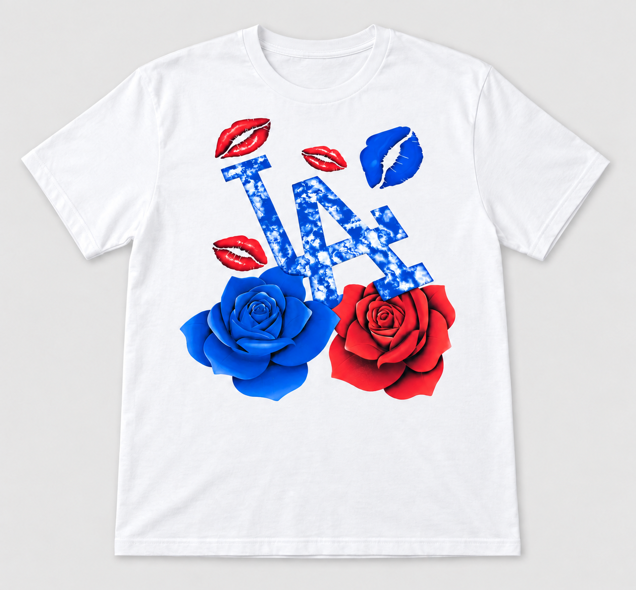 LA roses & kisses — finished-shirt product mockup