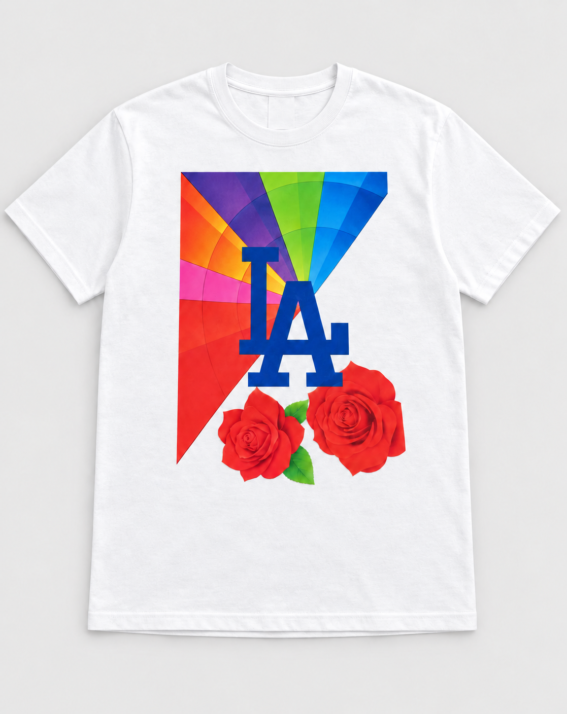 LA rainbow and roses finished-shirt product mockup