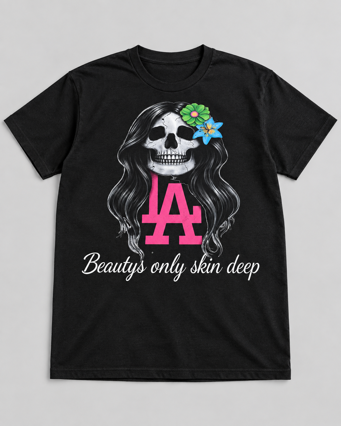 LA floral skull on a black shirt - product mockup