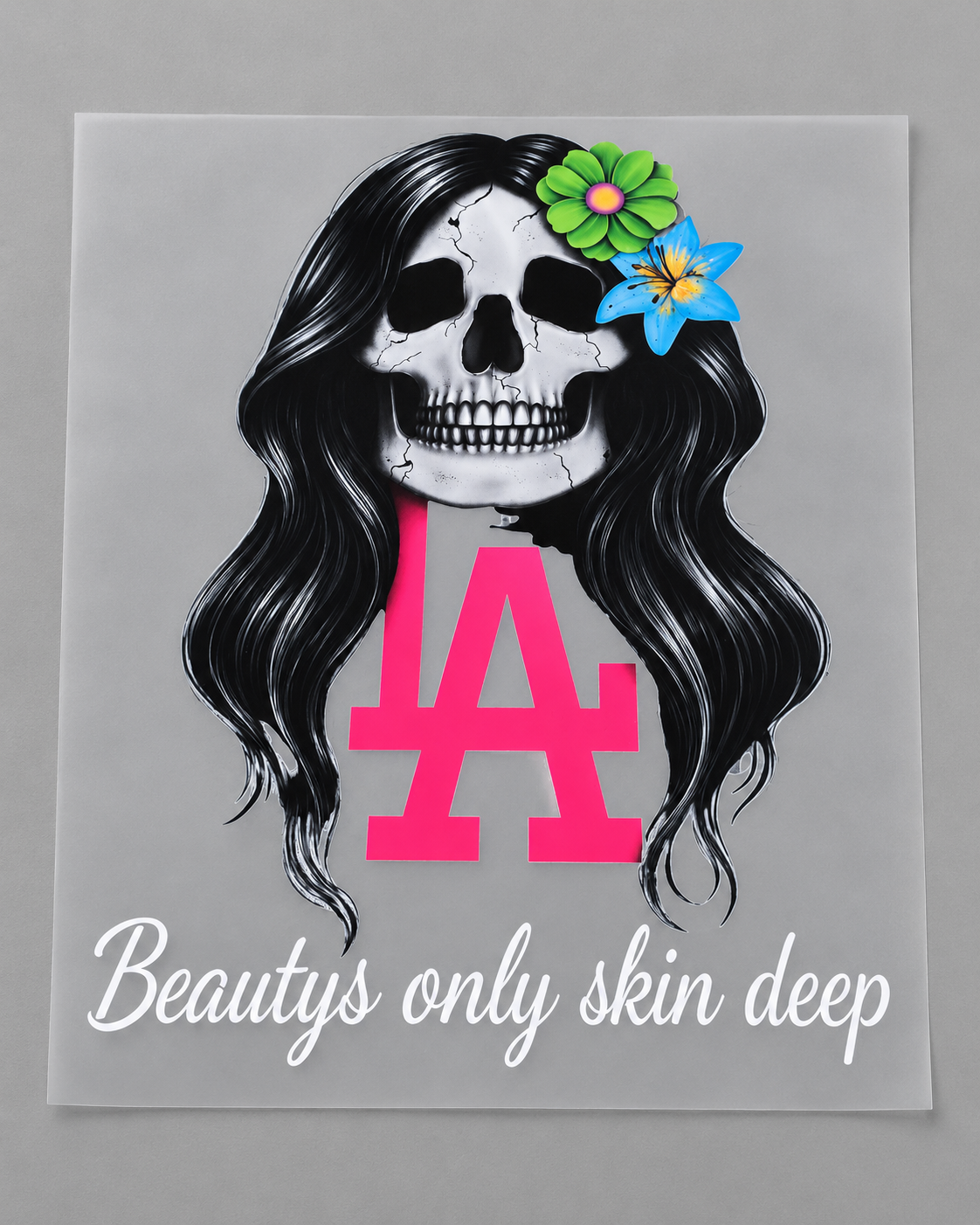 LA floral skull on DTF carrier film - transfer mockup
