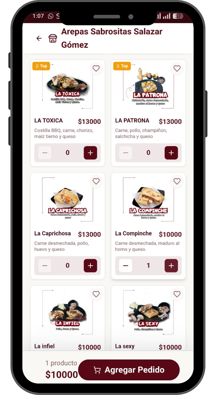 Menú y tienda virtual de una sucursal de Arepas Sabrositas