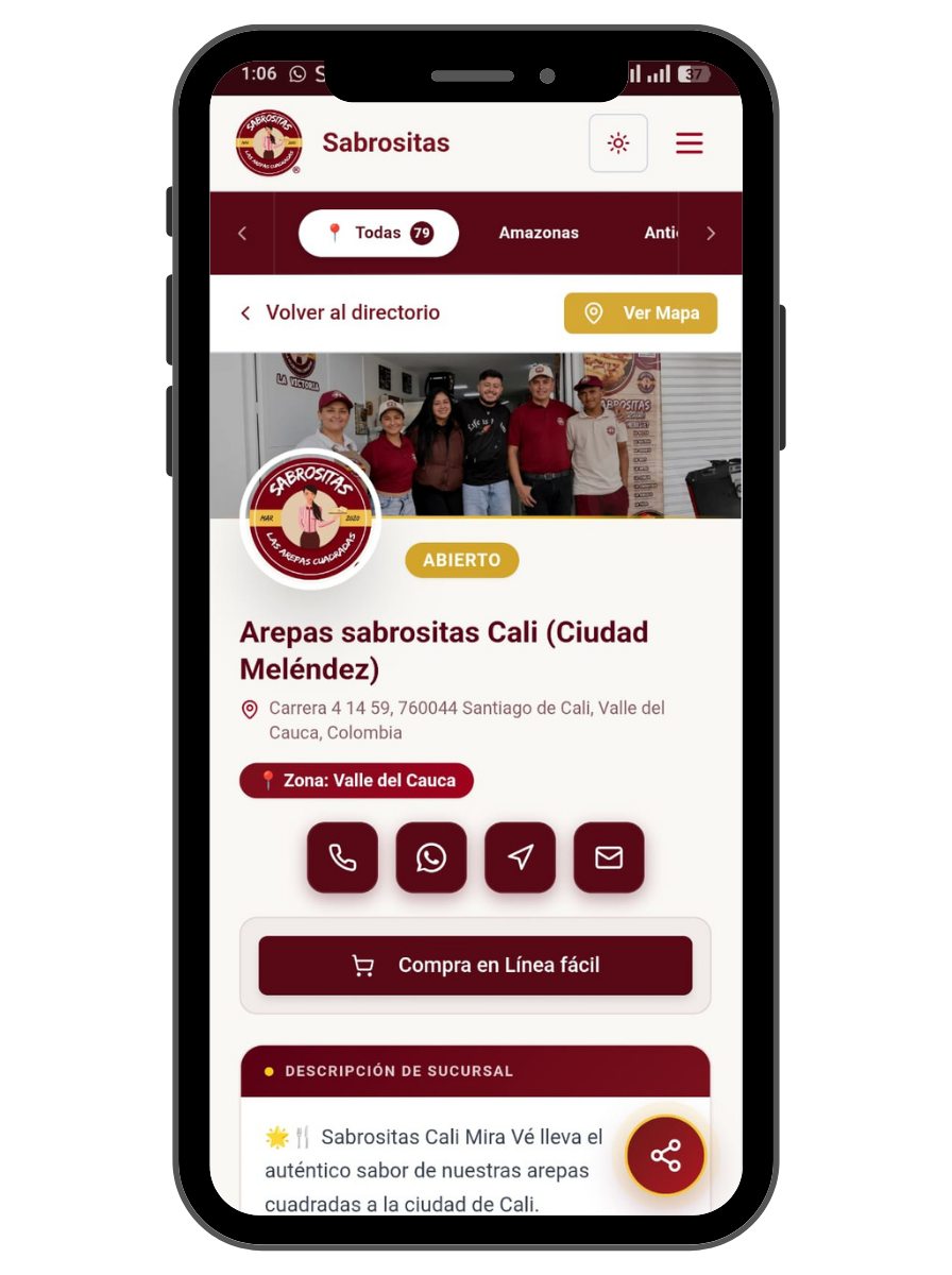 Perfil digital individual de una sucursal de Arepas Sabrositas