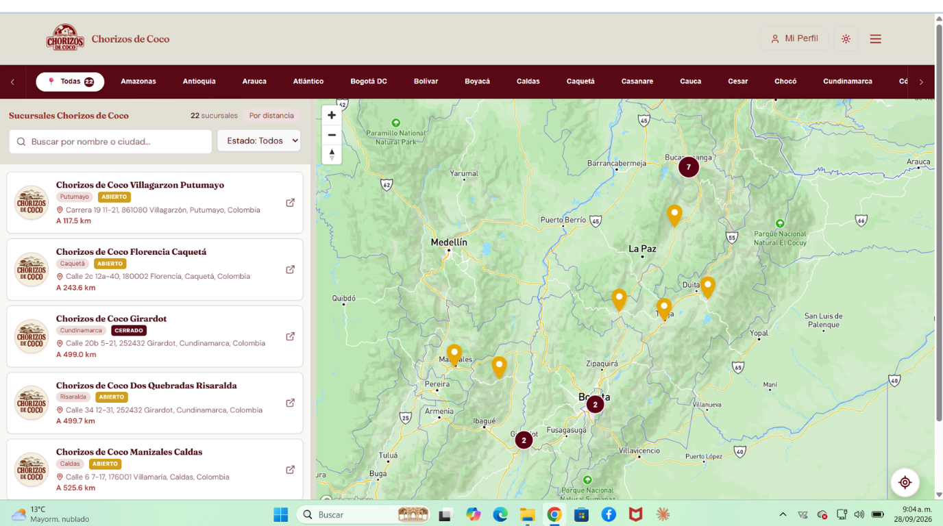 Mapa y directorio inteligente de sucursales de Chorizos de Coco