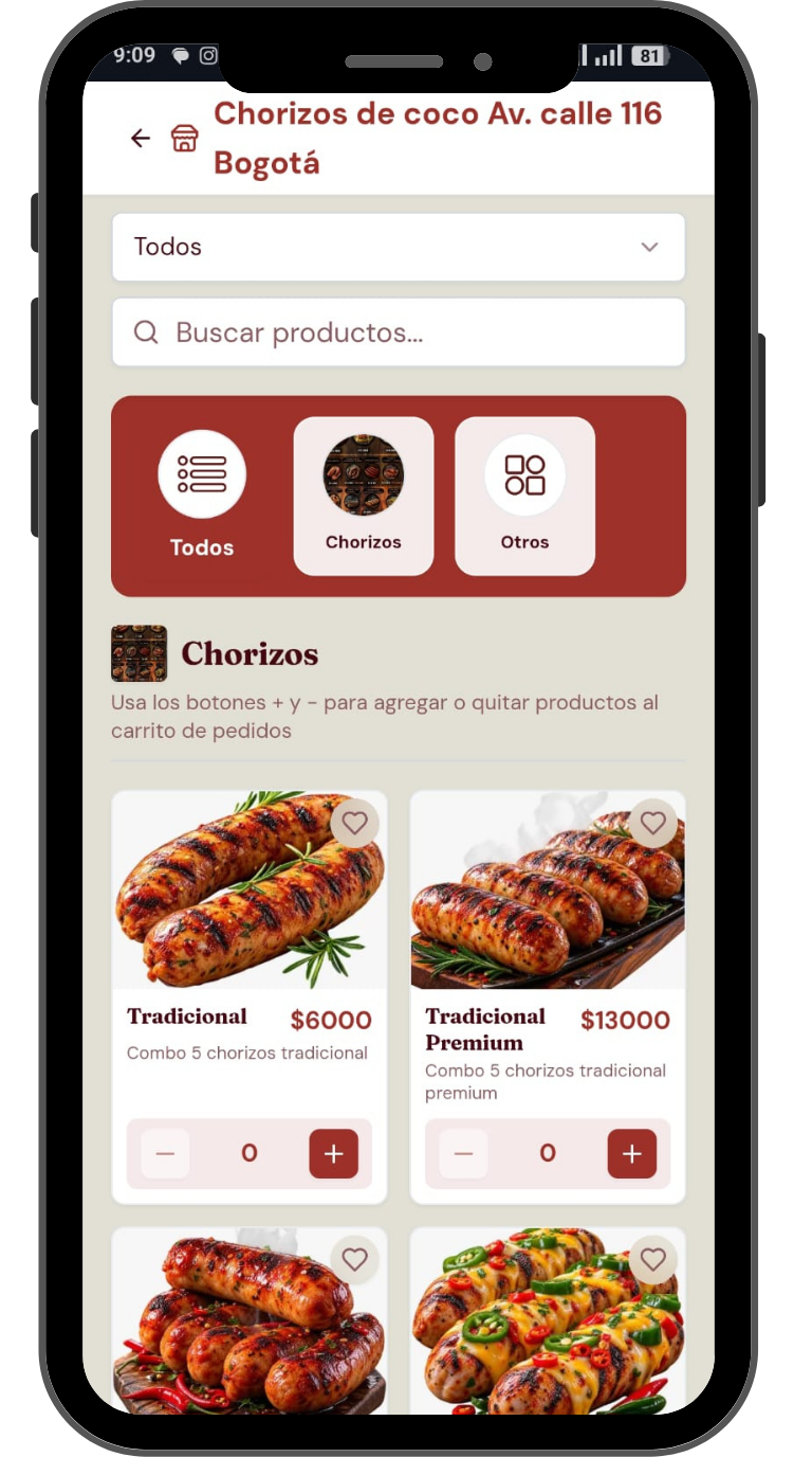Menú y tienda virtual de una sucursal de Chorizos de Coco