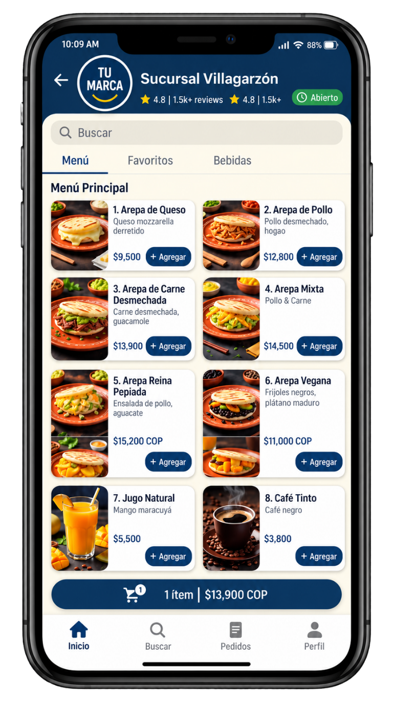 Menú y tienda virtual de una sucursal