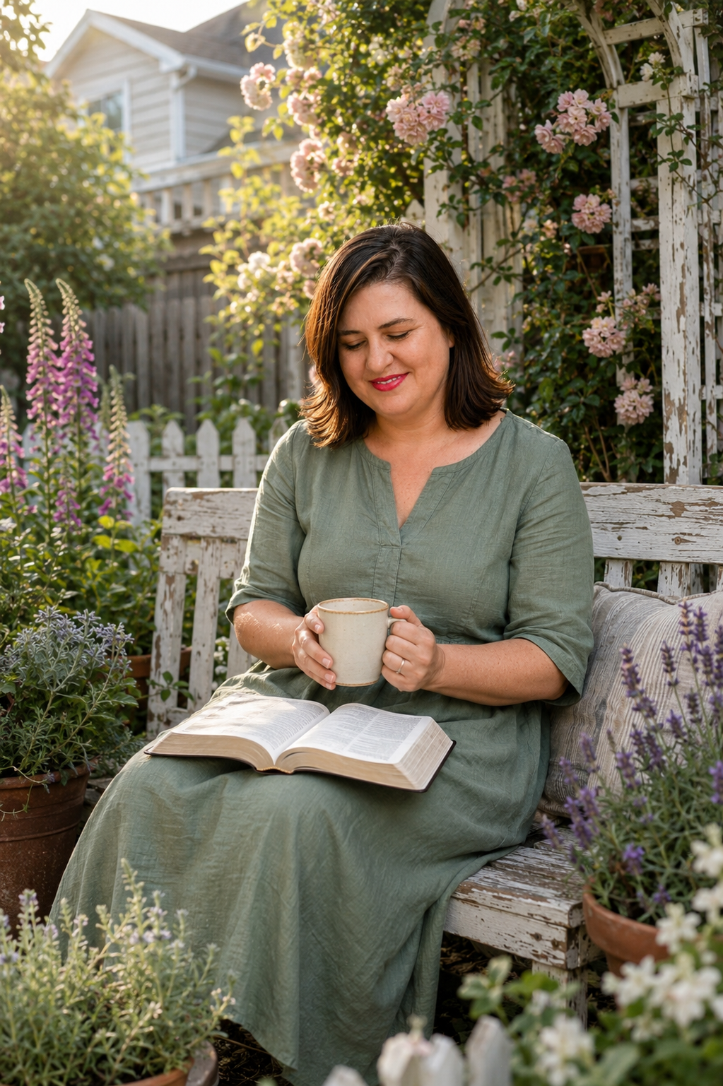 Sanda Valcu seated in her garden with an open Bible and a cup of tea