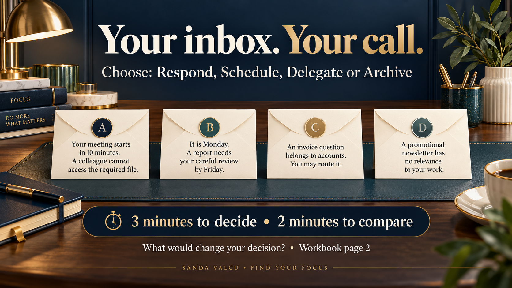 Interactive inbox activity slide asking participants to decide how to route incoming messages