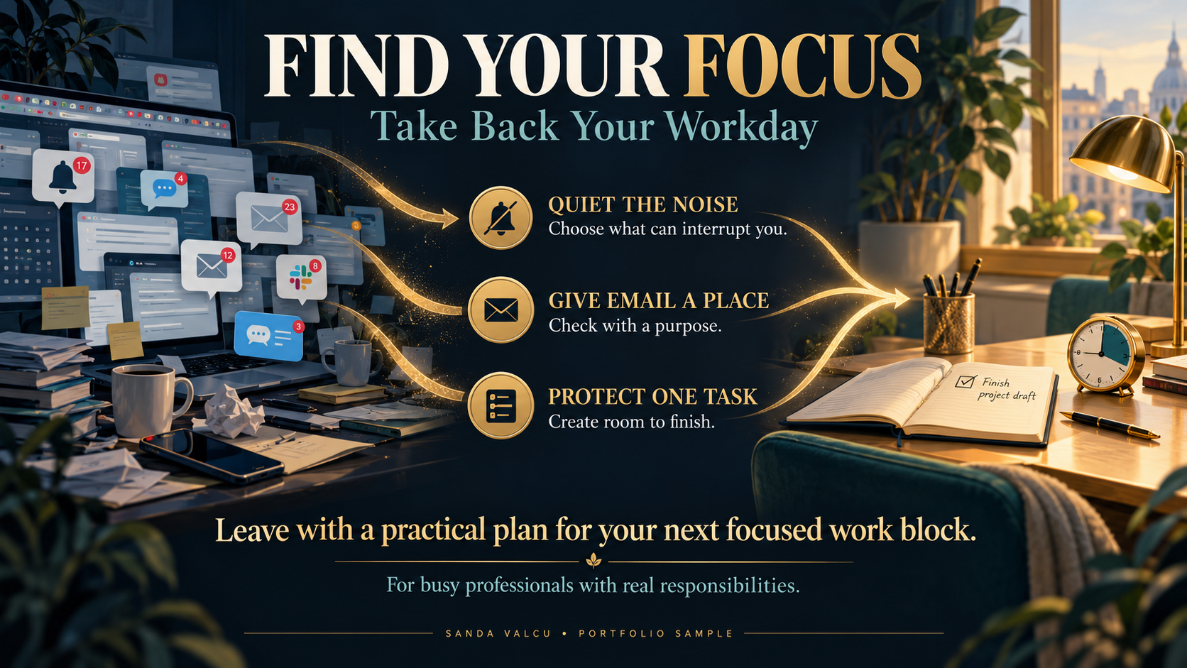 Find Your Focus workshop cover, with a visual roadmap for taking back your workday