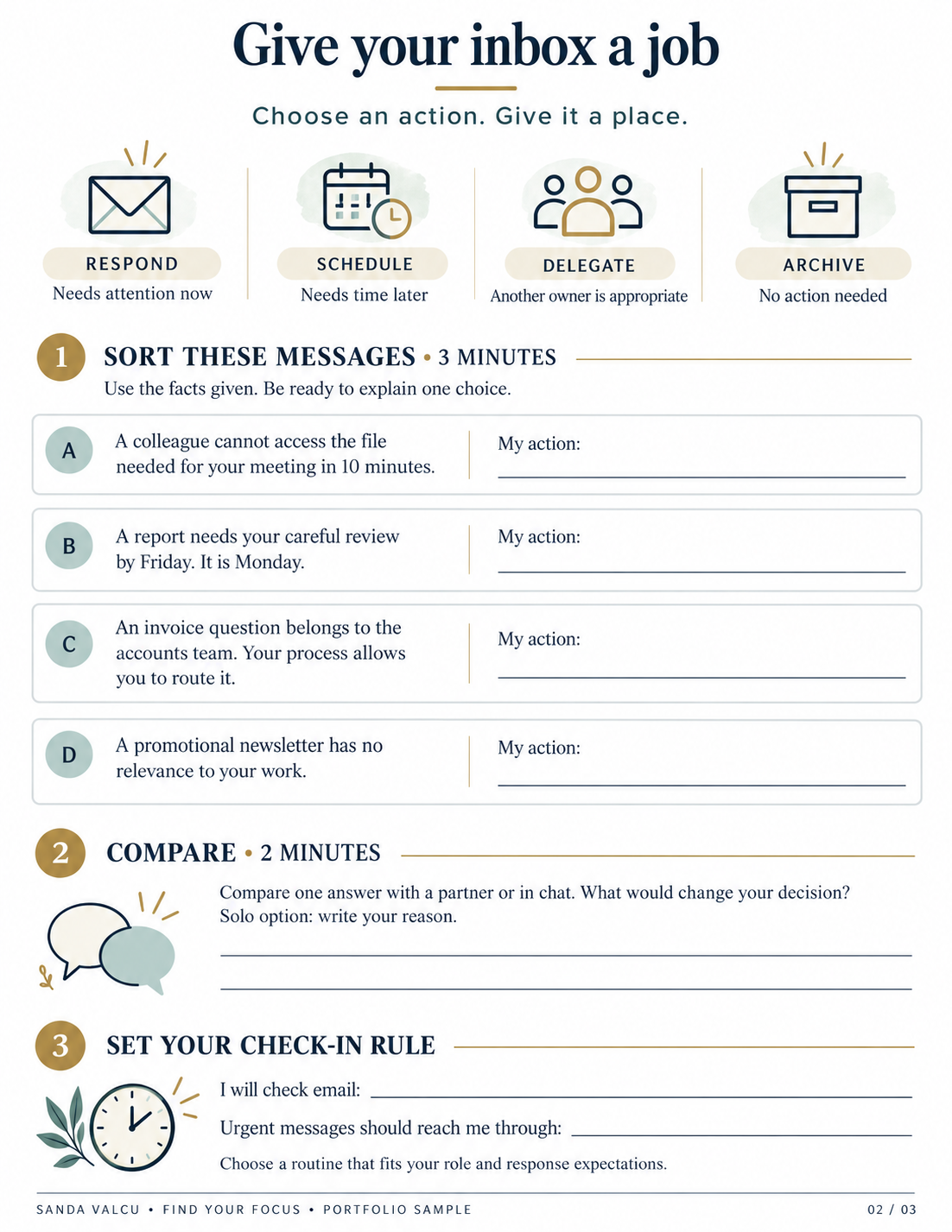 Printable infographic workbook page for applying the workshop's inbox and focus routines