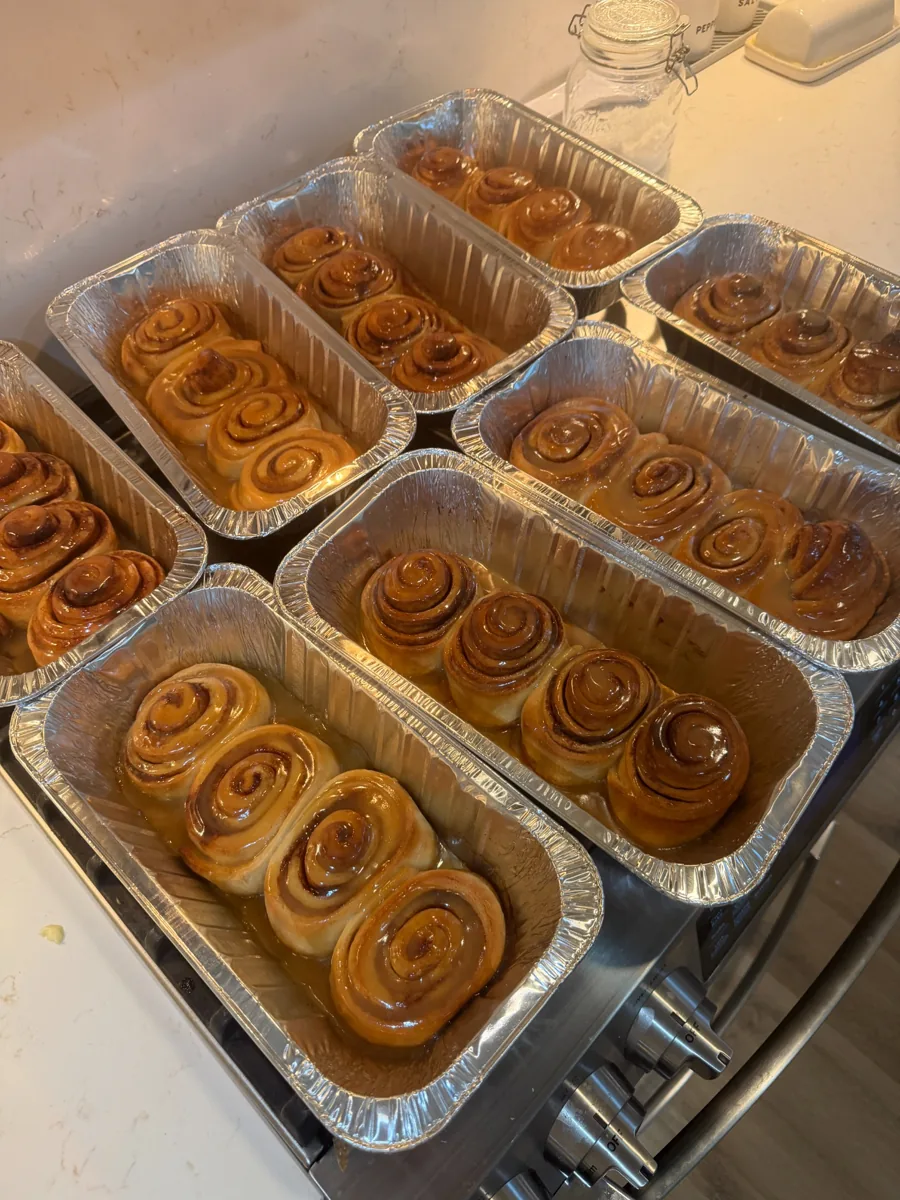 Freshly baked cinnamon rolls in sharing pans