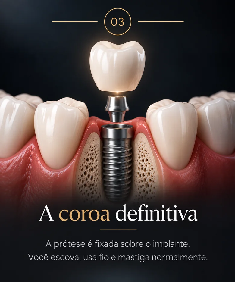 Etapa 3 — A coroa definitiva: a prótese é fixada sobre o implante.