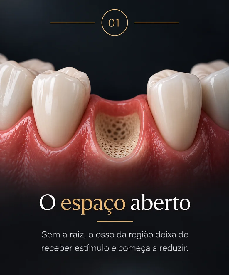 Etapa 1 — O espaço aberto: sem a raiz, o osso da região deixa de receber estímulo e começa a reduzir.