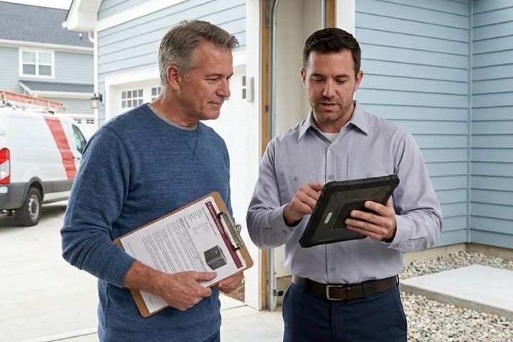 Homeowner and technician planning system installation details after approval for HVAC financing options. Homeowner and technician planning system installation details after approval for HVAC financing options.