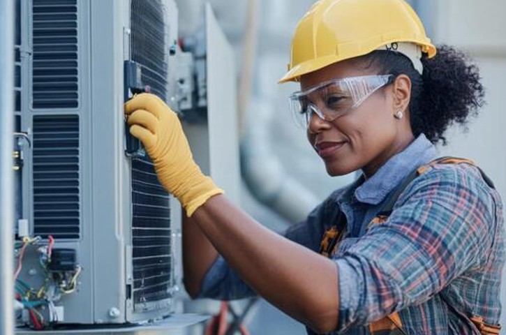 Certified HVAC technician servicing outdoor condenser unit as part of a scheduled HVAC maintenance plan Certified HVAC technician servicing outdoor condenser unit as part of a scheduled HVAC maintenance plan