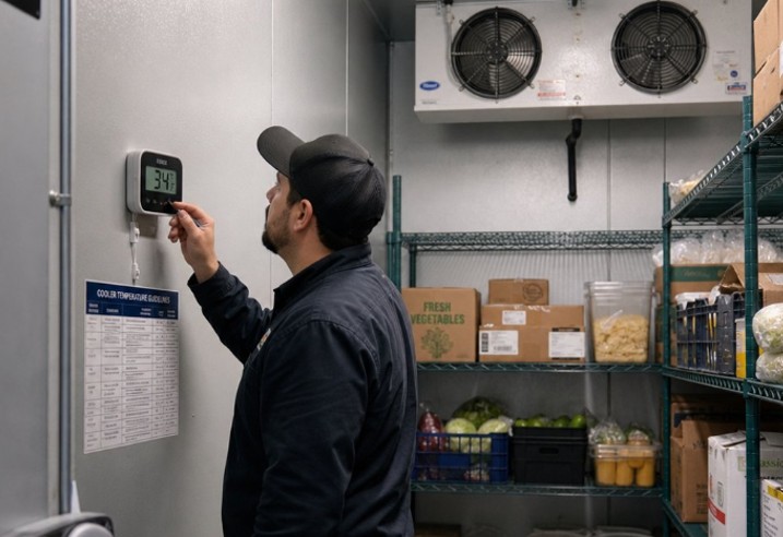 Technician monitoring walk-in cooler temperature display during a commercial refrigeration repair visit Technician monitoring walk-in cooler temperature display during a commercial refrigeration repair visit