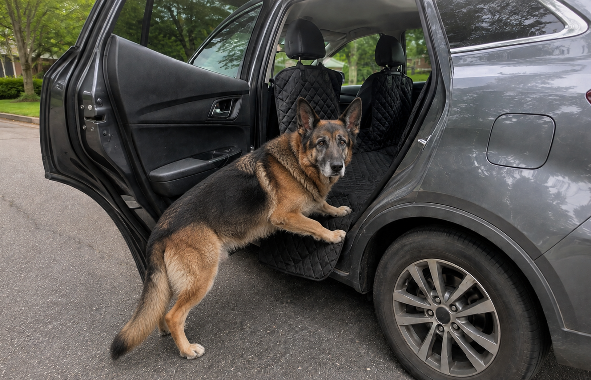 Side flap open, dog stepping in