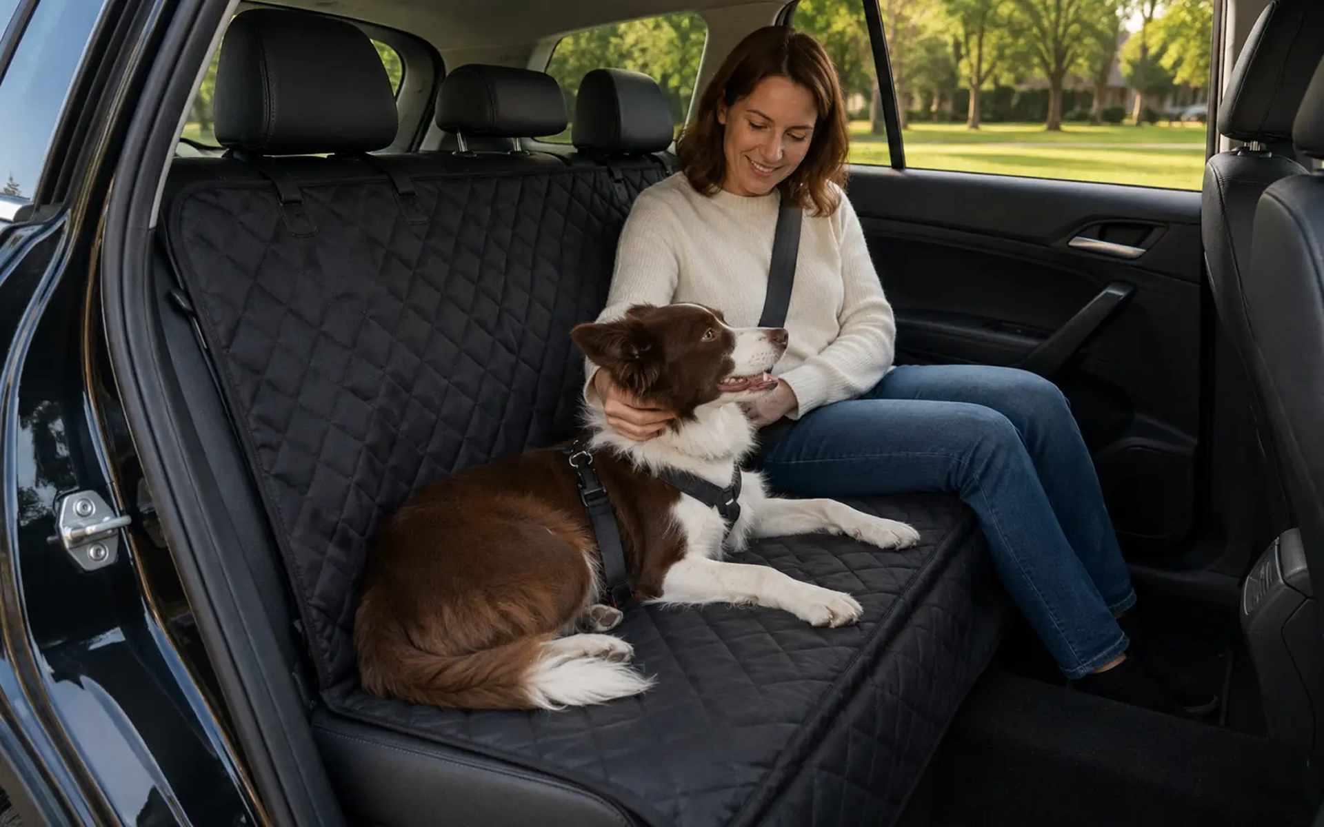 Dog and owner on the back seat