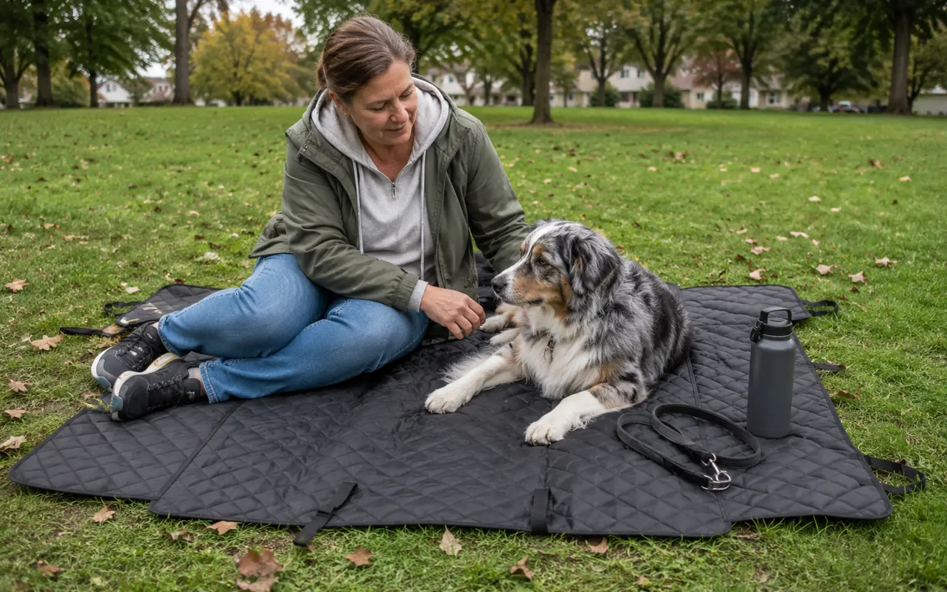 Picnic mode on the grass with dog and owner