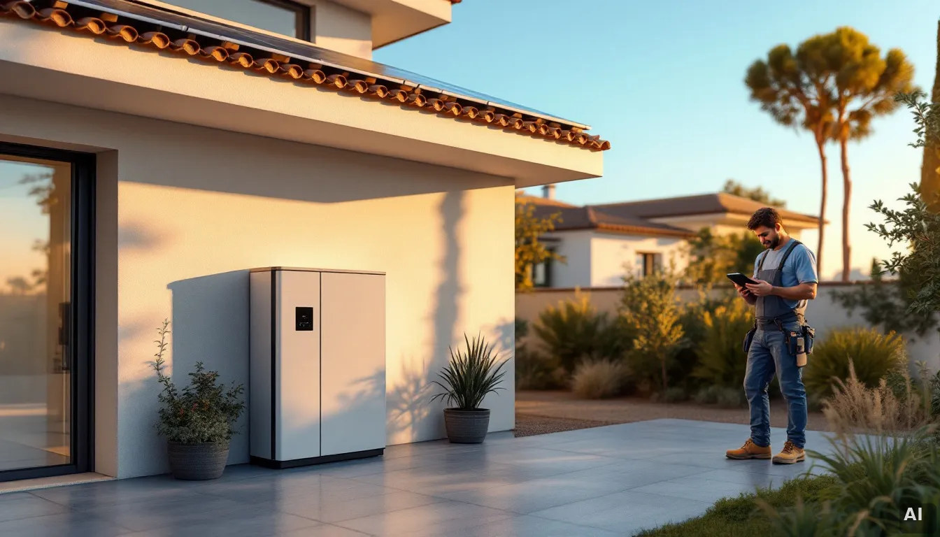 Instalador solar revisando estado de trámites en tablet sobre tejado residencial en España