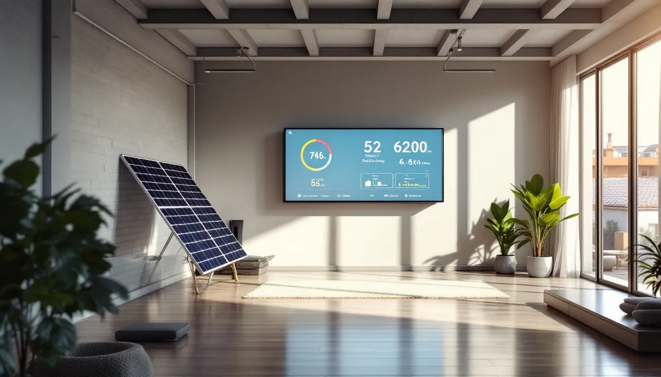 Monitor de energía en hogar español mostrando producción solar y carga de batería en tiempo real