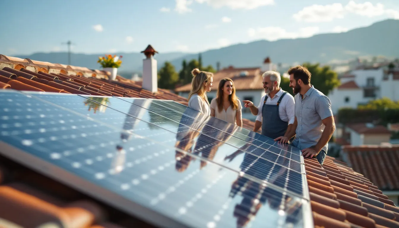 Vecinos y propietarios de negocio hablando sobre una instalación de autoconsumo colectivo solar en España