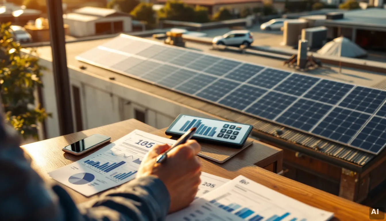 Documentos financieros de instaladora solar sobre escritorio con modelo de panel solar