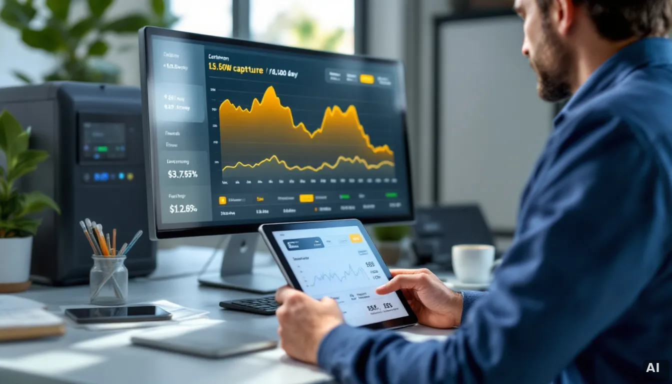 Técnico revisando datos de captura solar en pantalla de monitorización con precios bajos en horas centrales