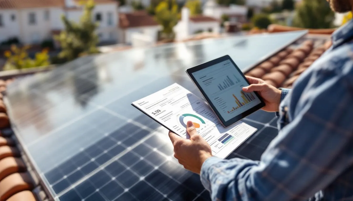 Instalador solar revisando normativas de eficiencia energética en tablet