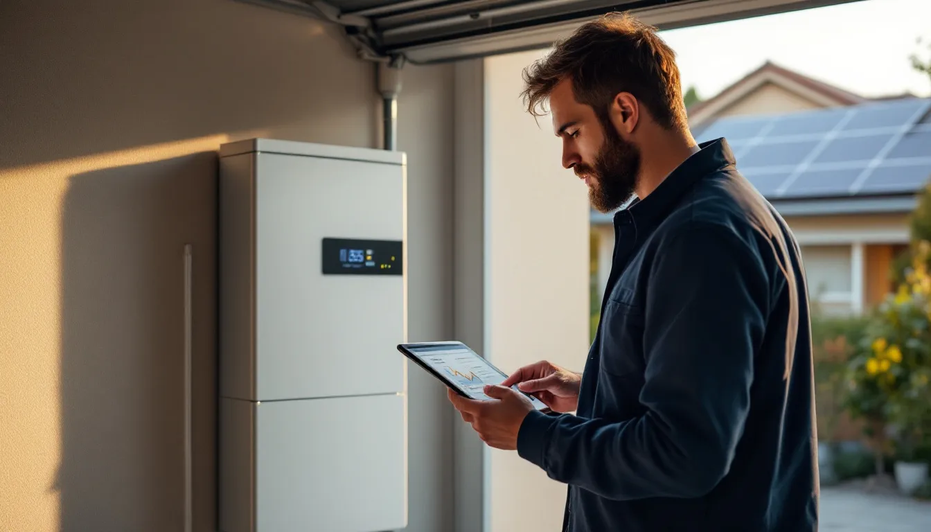 Instalador solar revisando métricas de satisfacción de clientes en tablet con paneles solares de fondo