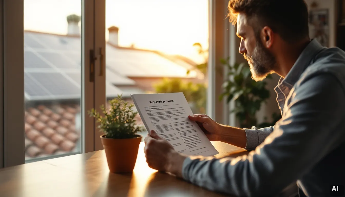 Instalador solar explicando propuesta de autoconsumo a cliente en su casa