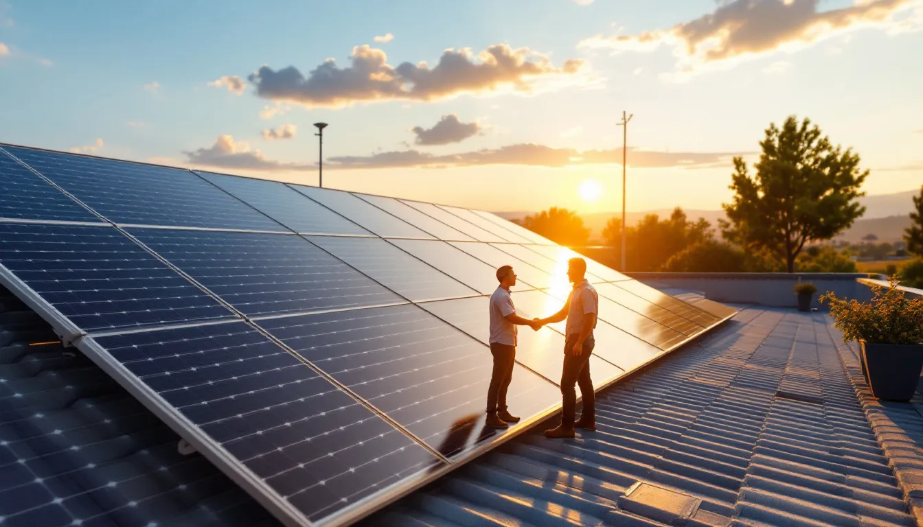 Instalador solar con cliente satisfecho frente a vivienda con placas fotovoltaicas