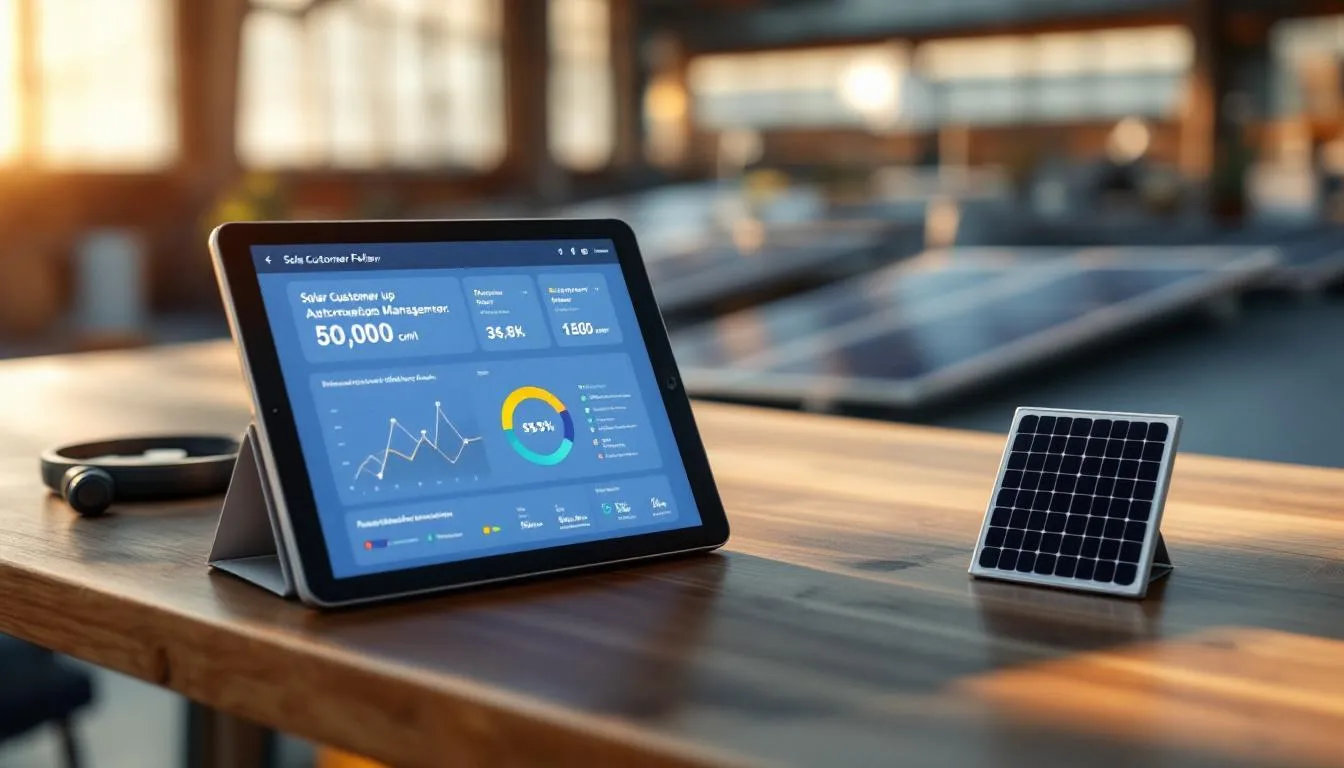 Tablet mostrando panel de gestión automatizada de clientes solares con notificaciones de seguimiento postventa