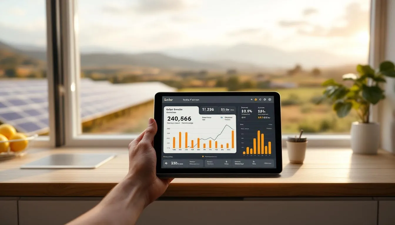Panel de control de energía solar en tablet mostrando datos de excedentes e inyección a la red