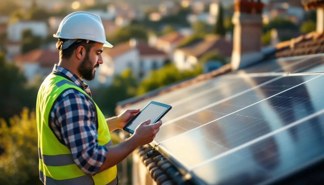 Instalador solar ajustando paneles en tejado residencial en España