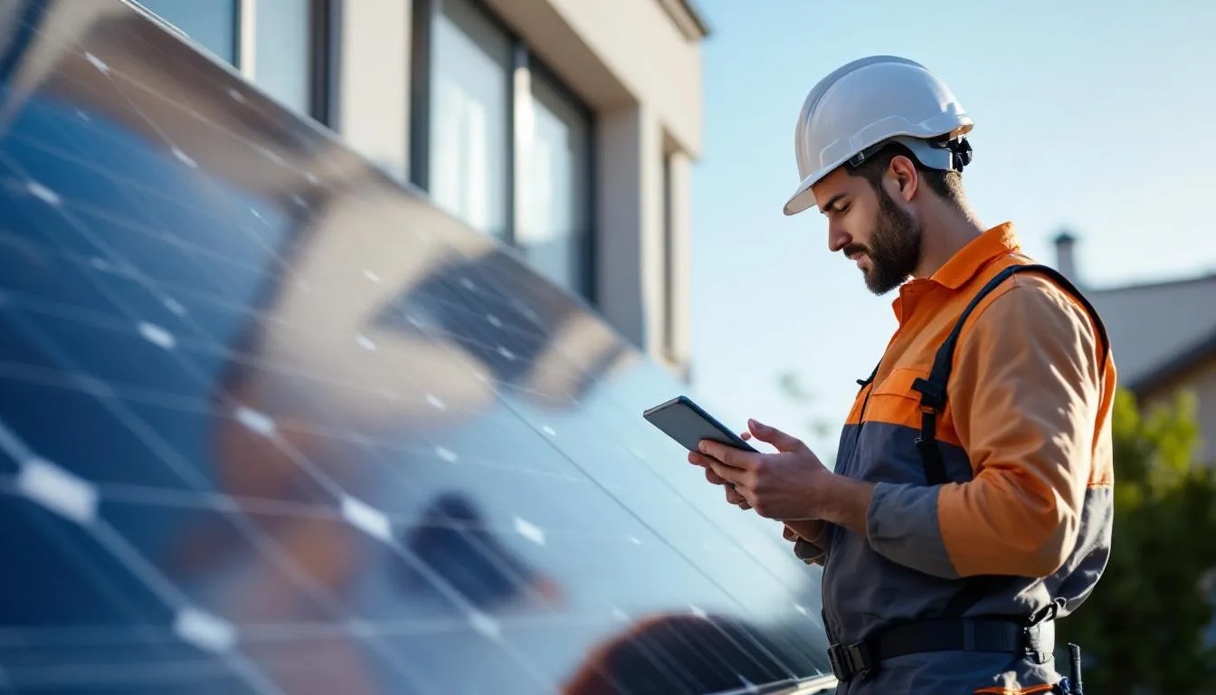 Instalador solar revisando datos de proyecto en tablet frente a vivienda con paneles fotovoltaicos en España