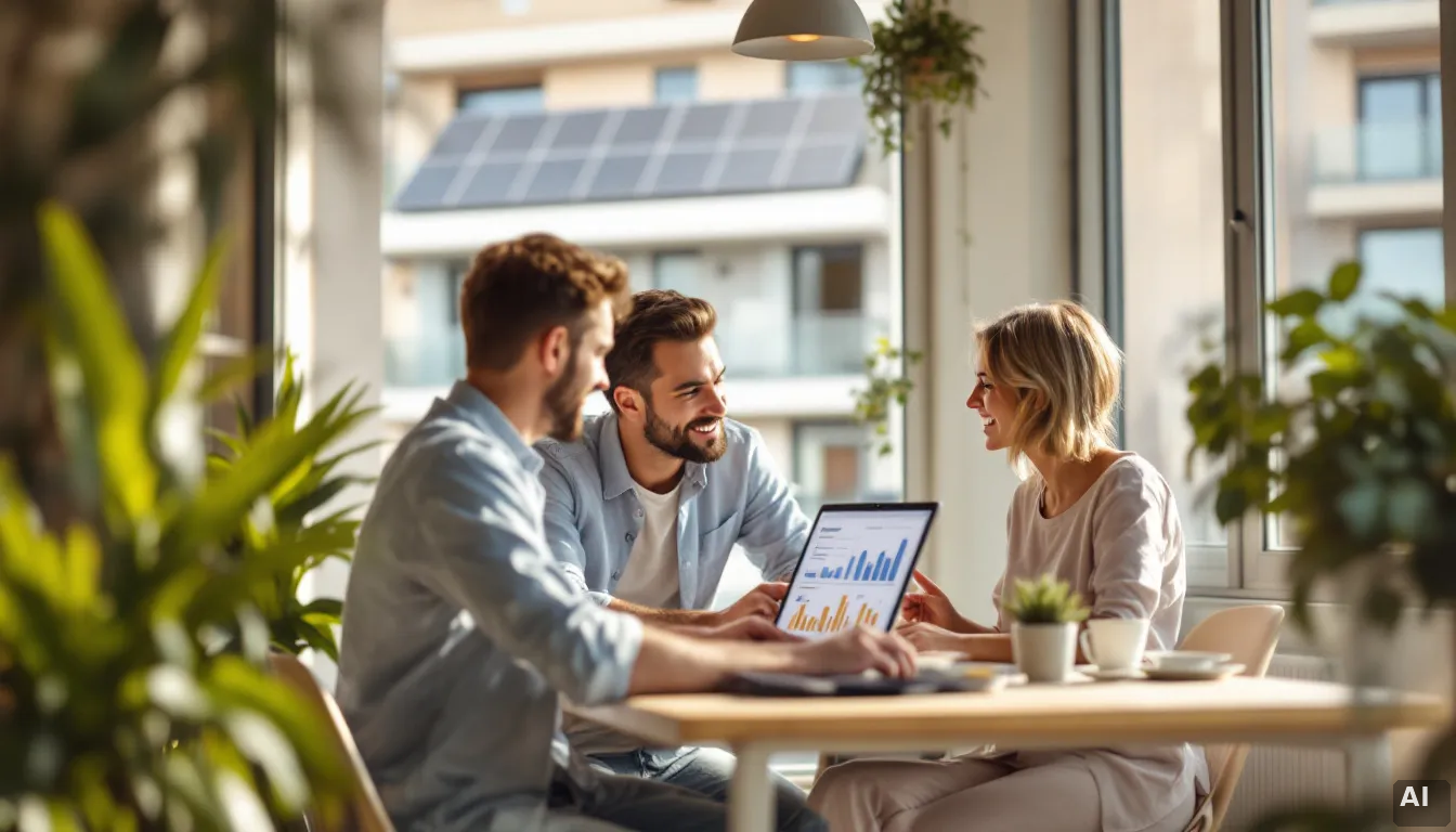 Instalador solar explicando argumentario a cliente en una reunión en casa